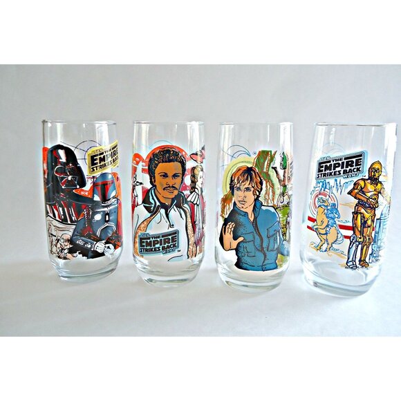 4 Vintage Empire Strikes Back  Drinking Glass Darth Vader Luke Skywalker Lando C - Picture 1 of 6